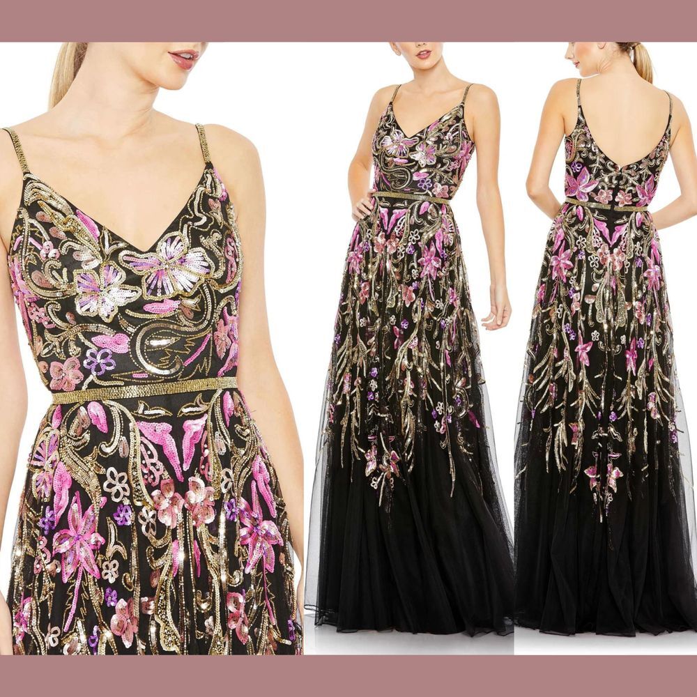 NWT $698 Mac Duggal [‎ 20 ] V-Neck Floral Embellished Gown in Black Pink #G1765